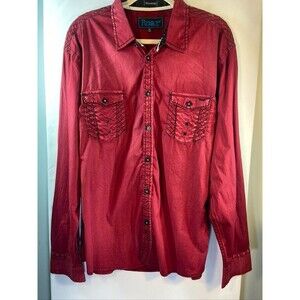 ROAR SIGNATURE MENS XLARGE RED BUTTON UP BLACK STITCHING LONG SLEEVE RED SHIRT
